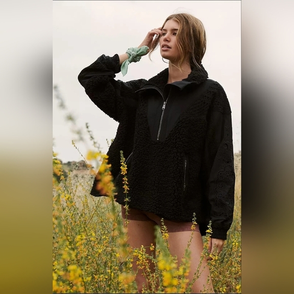 Free People,  Seaside Crocheted Sherpa Fleece Jacket in Black,‎ Size S -NWOT - Picture 1 of 15